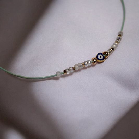 Evil Eye Leather Cord Necklace with Gold & Glass beads